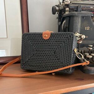 Anthropologie Black Woven Crossbody with Brown Strap
